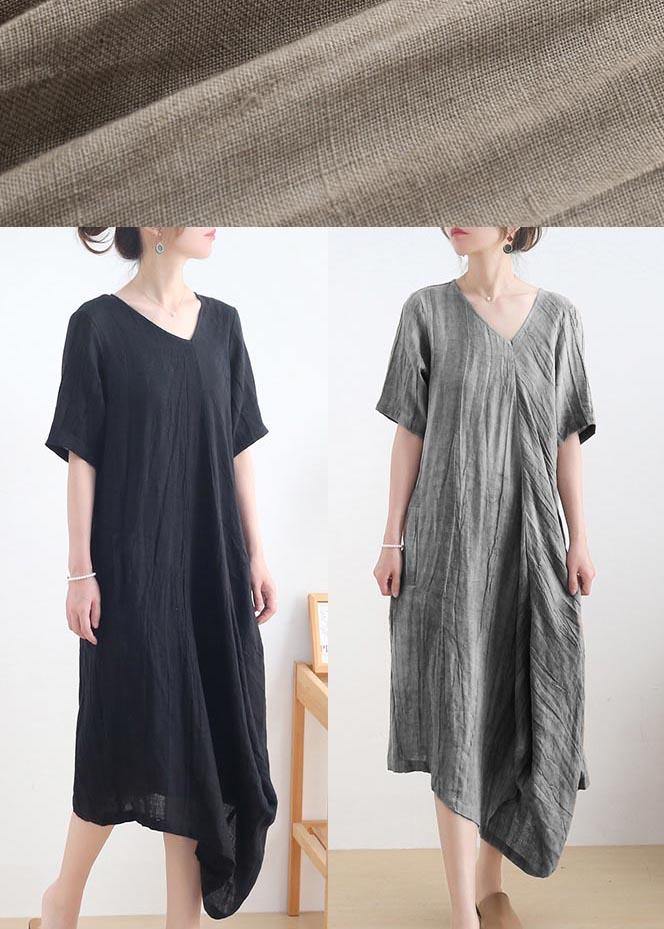 Diy Khaki asymmetrical design V Neck Long Summer Linen Dress - Omychic
