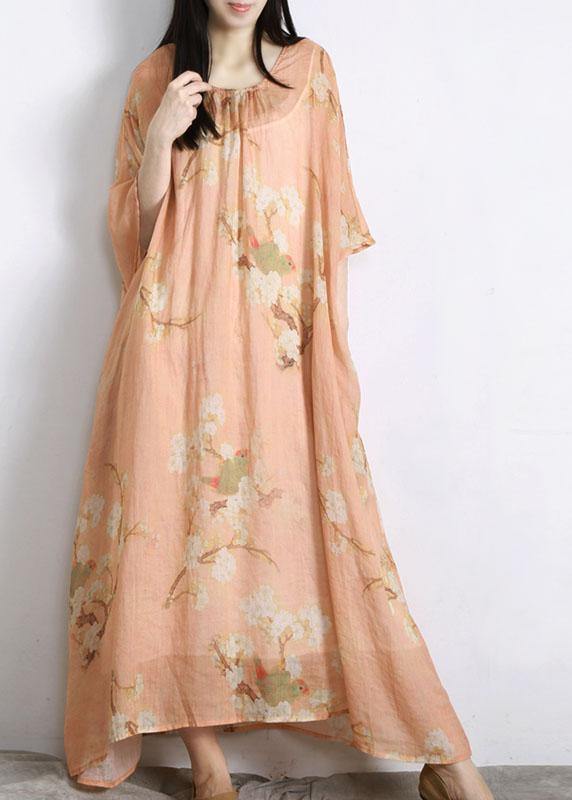 Diy Light Orange Print Linen Batwing Sleeve Summer Maxi Dresses - Omychic