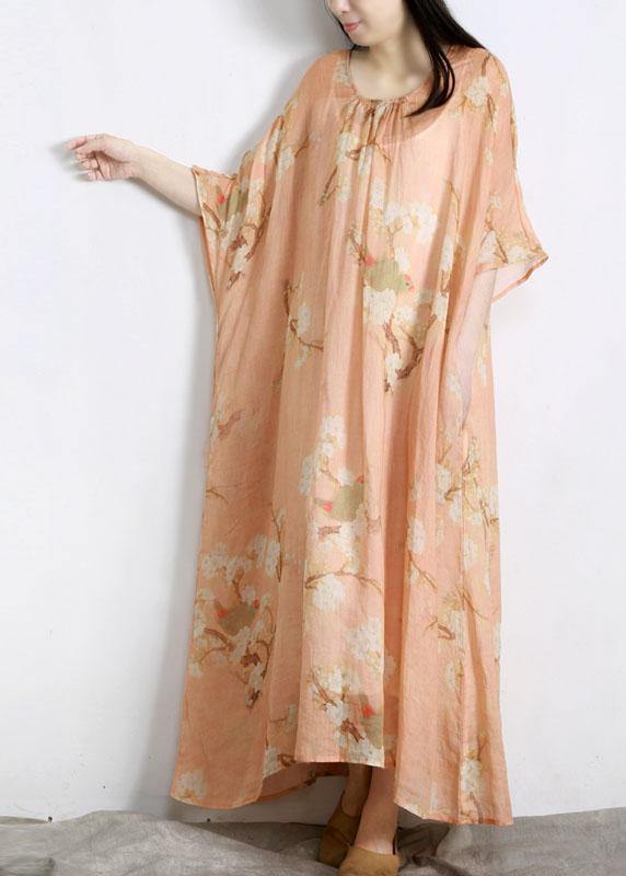 Diy Light Orange Print Linen Batwing Sleeve Summer Maxi Dresses - Omychic
