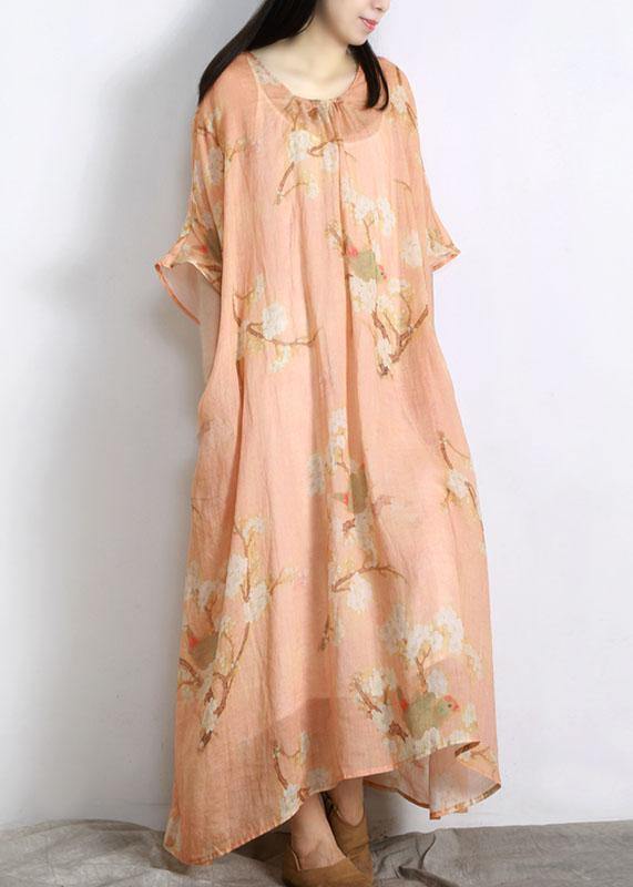 Diy Light Orange Print Linen Batwing Sleeve Summer Maxi Dresses - Omychic