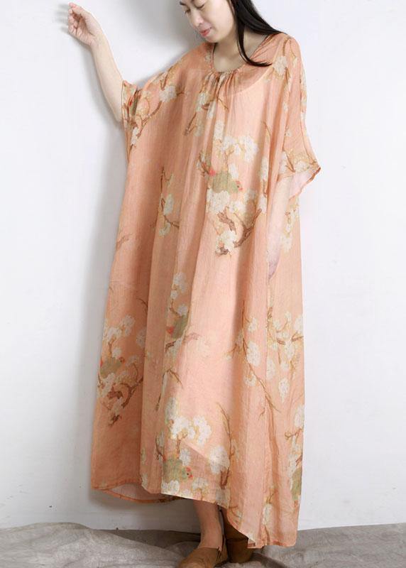 Diy Light Orange Print Linen Batwing Sleeve Summer Maxi Dresses - Omychic