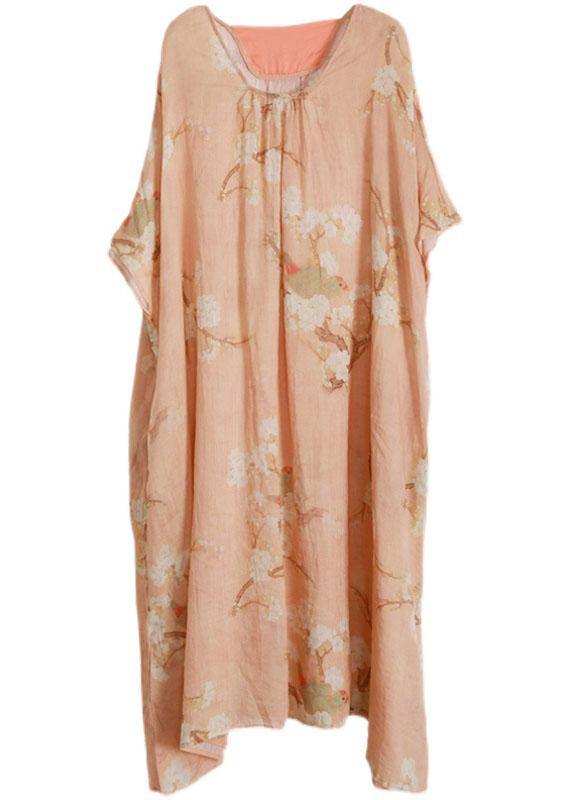 Diy Light Orange Print Linen Batwing Sleeve Summer Maxi Dresses - Omychic