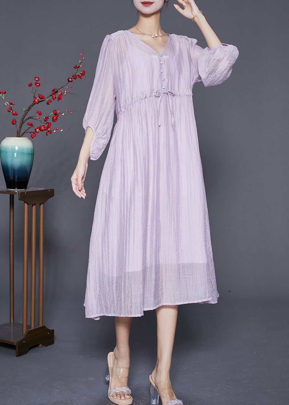 Diy Light Purple V Neck Cinched Silk Cotton Long Dresses Summer