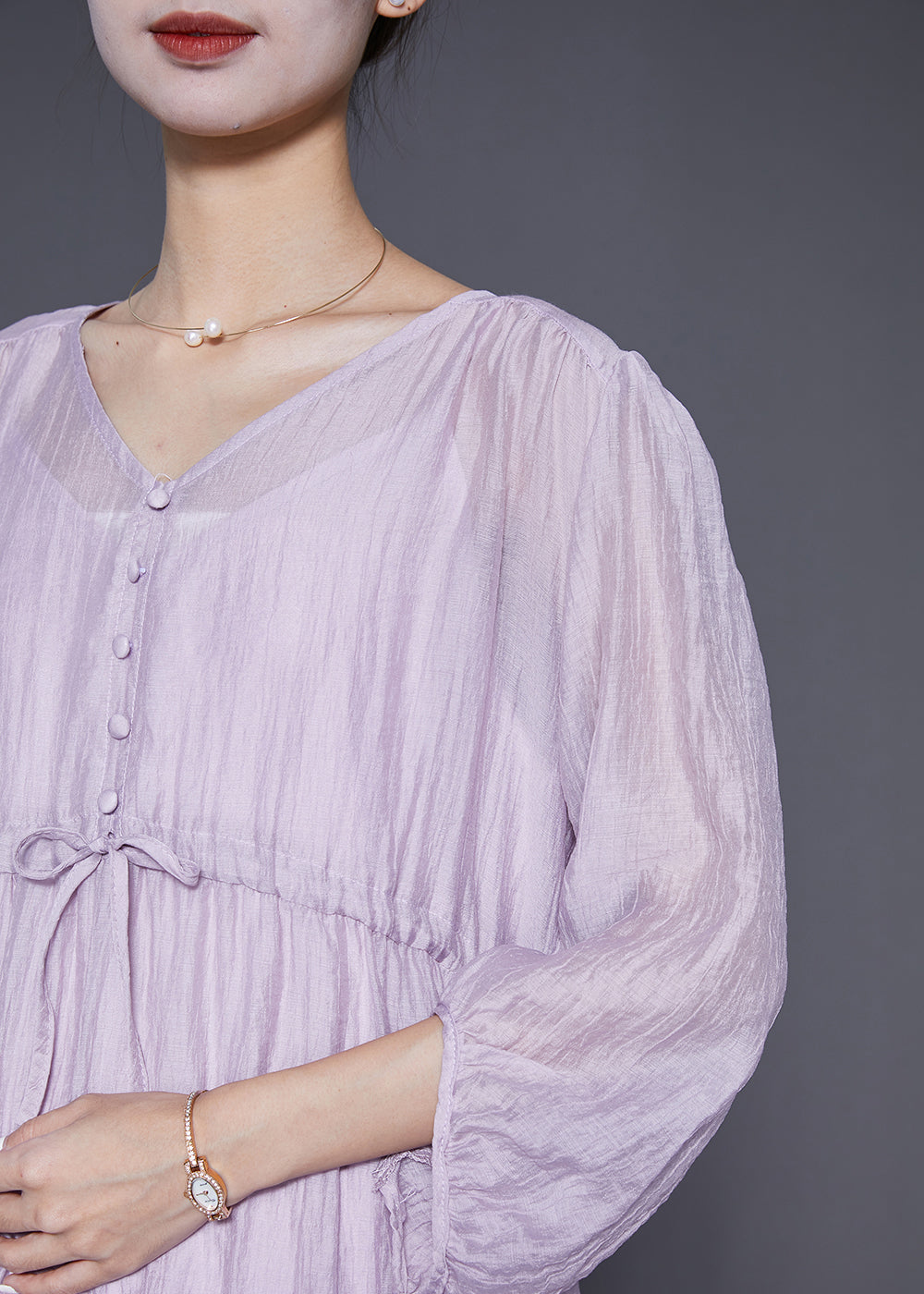 Diy Light Purple V Neck Cinched Silk Cotton Long Dresses Summer