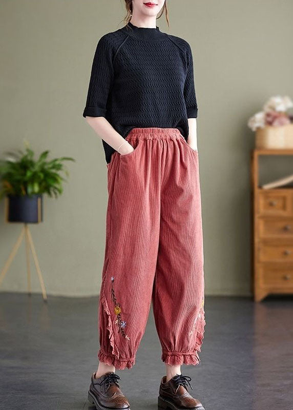 Diy Pink Elastic Waist Embroideried Warm Fleece Corduroy Harem Pants Spring