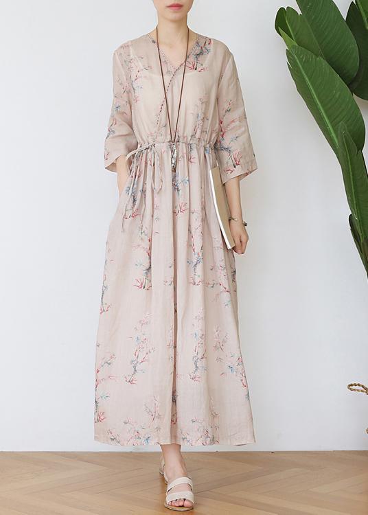 Diy Print Tie Waist Half Sleeve Robe Summer Linen Dress - Omychic