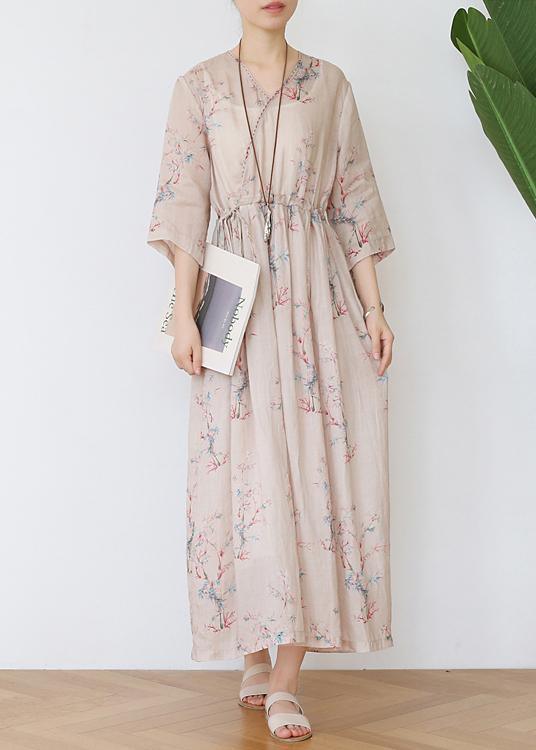 Diy Print Tie Waist Half Sleeve Robe Summer Linen Dress - Omychic