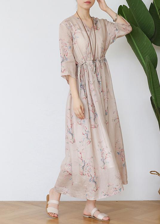 Diy Print Tie Waist Half Sleeve Robe Summer Linen Dress - Omychic