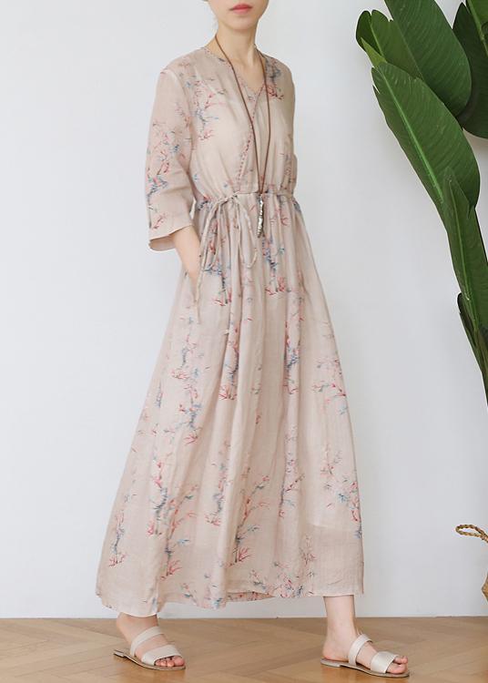 Diy Print Tie Waist Half Sleeve Robe Summer Linen Dress - Omychic