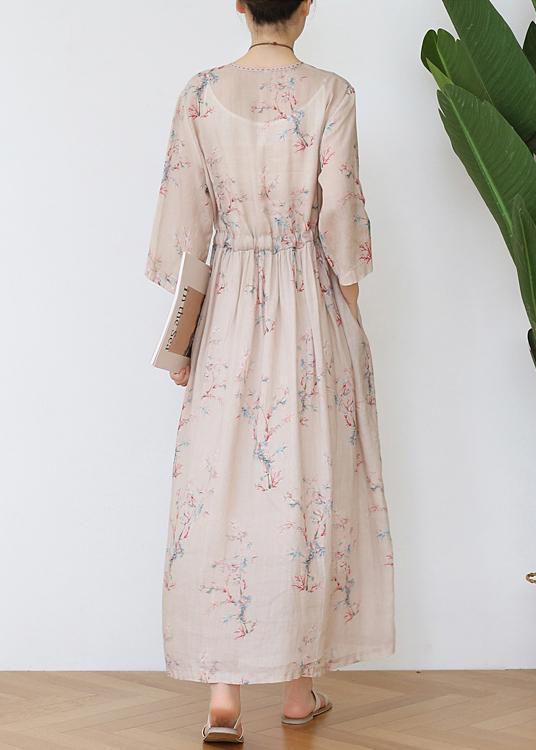 Diy Print Tie Waist Half Sleeve Robe Summer Linen Dress - Omychic