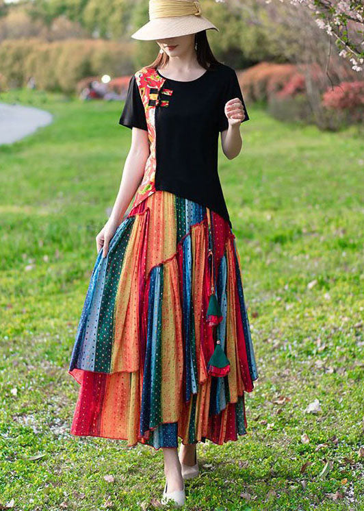 Diy Red O-Neck Patchwork Print Tops And Skirts Cotton Two Pieces Set Spring