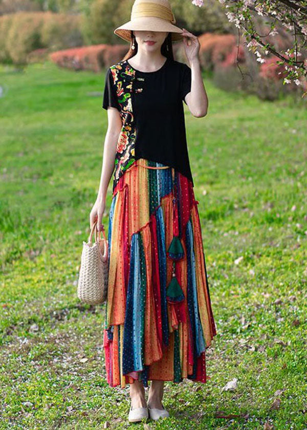 Diy Red O-Neck Patchwork Print Tops And Skirts Cotton Two Pieces Set Spring