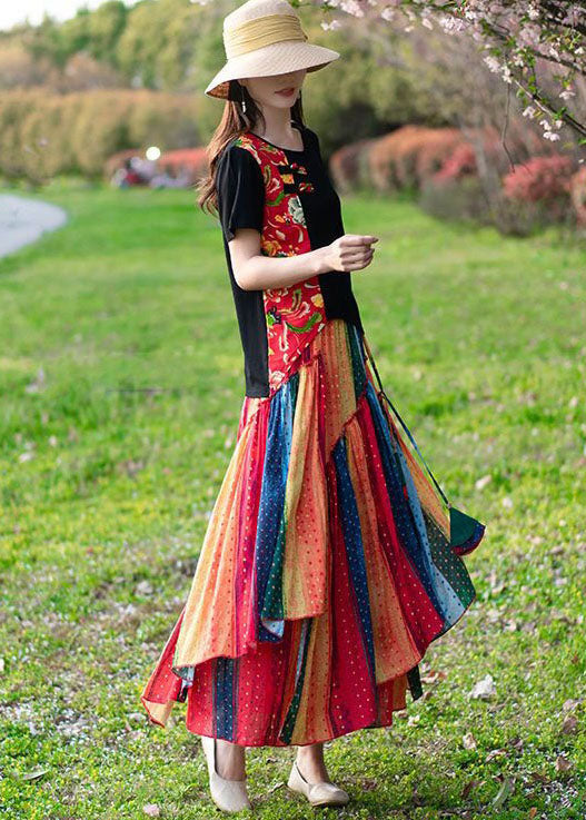 Diy Red O-Neck Patchwork Print Tops And Skirts Cotton Two Pieces Set Spring