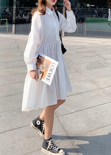 Diy White Asymmetrical Design Peter Pan Collar  Mid Dress Spring - Omychic