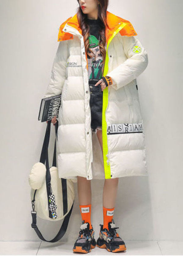 Diy White Hooded Letter Print Warm Duck Down Down Coat Winter