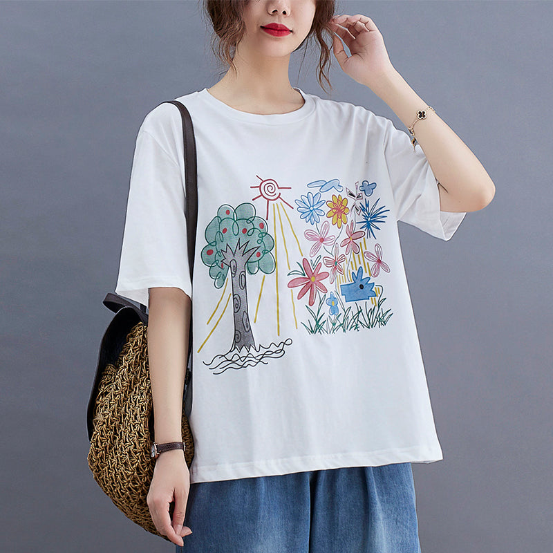 Diy White O-Neck Character Print Cotton Tanks Short Sleeve