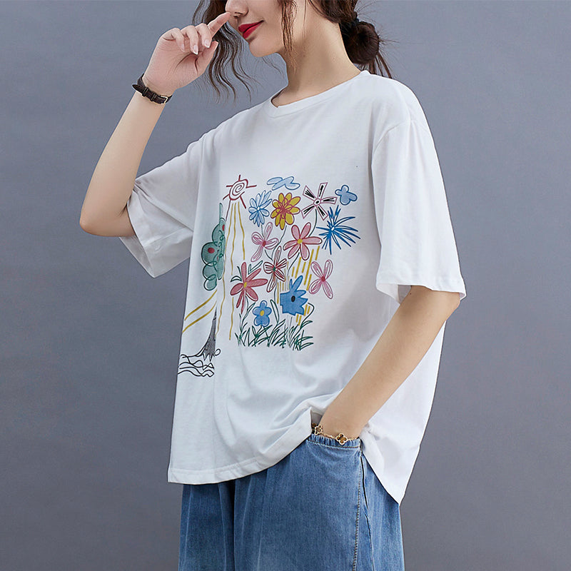 Diy White O-Neck Character Print Cotton Tanks Short Sleeve