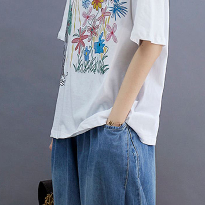 Diy White O-Neck Character Print Cotton Tanks Short Sleeve