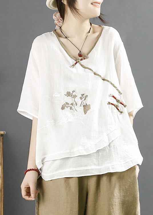 Diy White V Neck Embroideried Linen Tops Half Sleeve