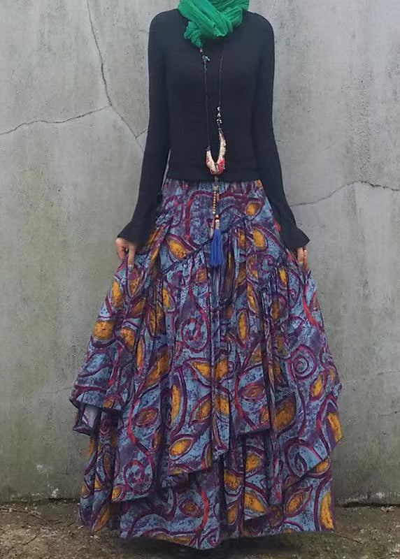 Diy Wrinkled Asymmetrical Print Patchwork Cotton Skirt Spring