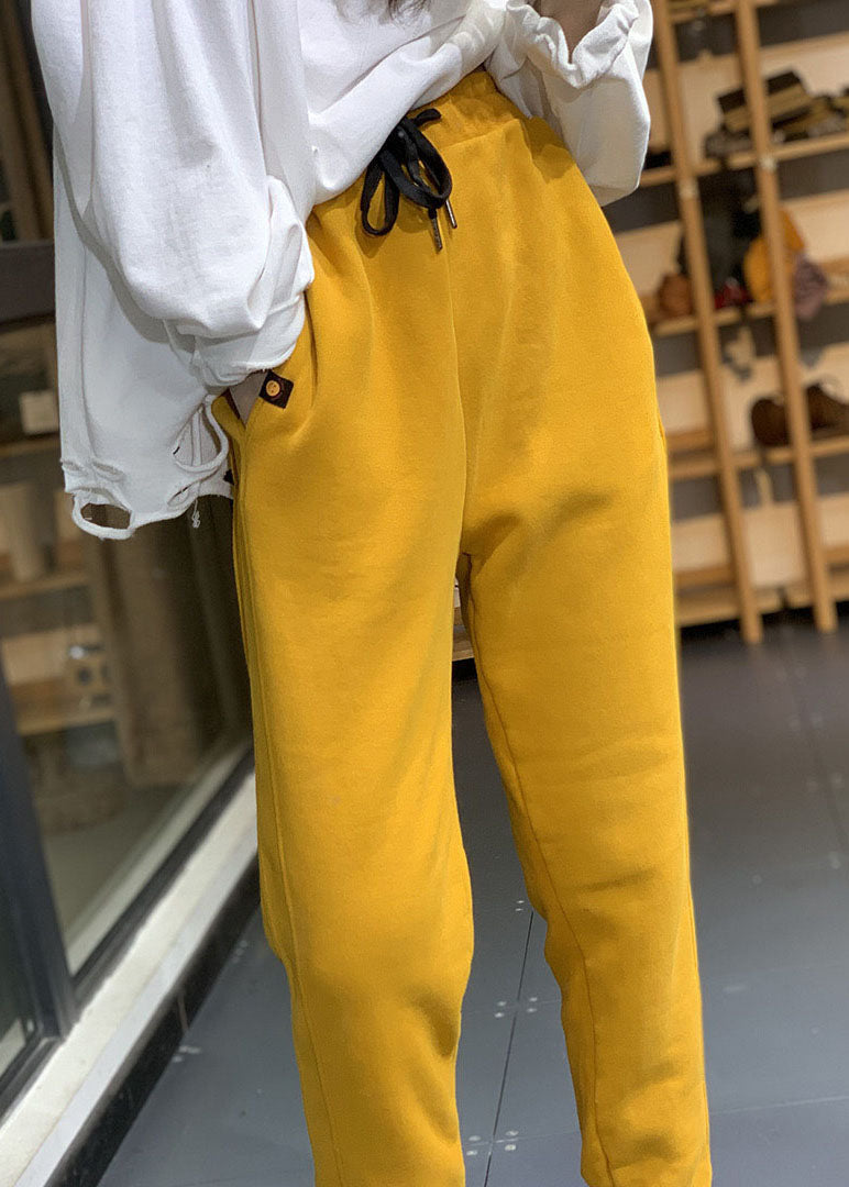 Diy Yellow Elastic Waist Drawstring Pockets Warm Fleece Sweatshirt Pants Winter