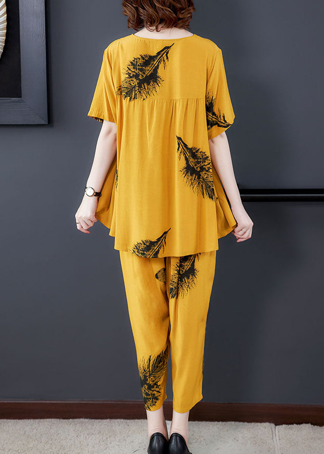 Diy Yellow O-Neck Wrinkled Patchwork Cotton Two Piece Suit Set Summer
