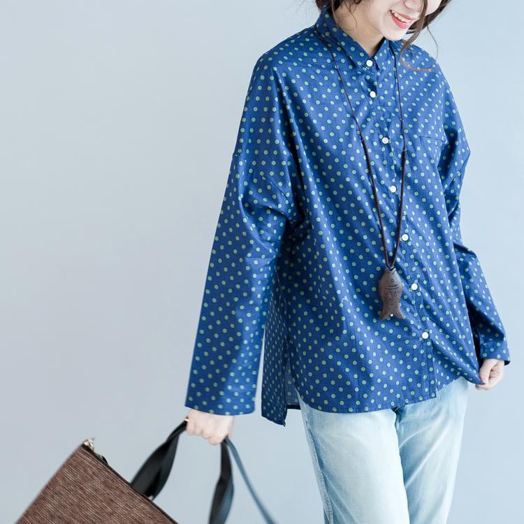 Dotted blue long sleeve cotton blouses plus size womens cotton top blouses - Omychic