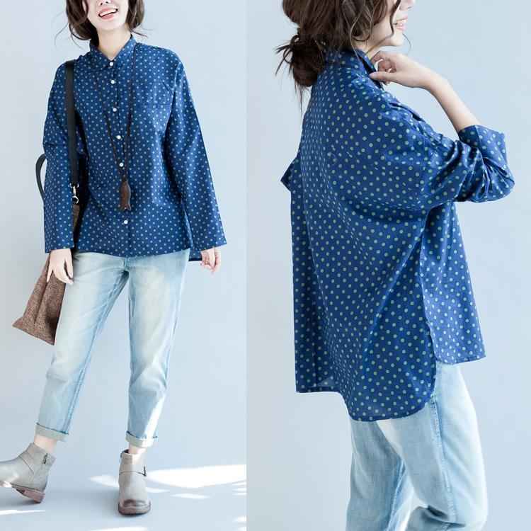 Dotted blue long sleeve cotton blouses plus size womens cotton top blouses - Omychic