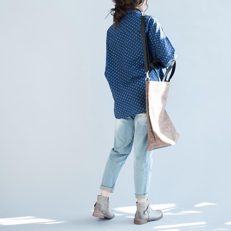Dotted blue long sleeve cotton blouses plus size womens cotton top blouses - Omychic
