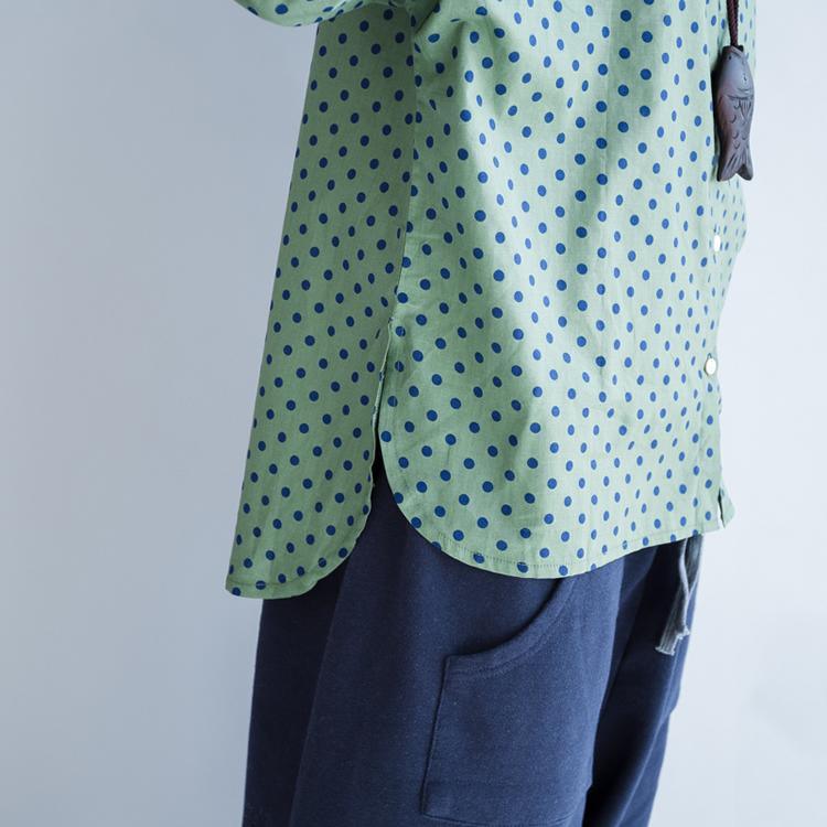 Dotted blue long sleeve cotton blouses plus size womens cotton top blouses - Omychic
