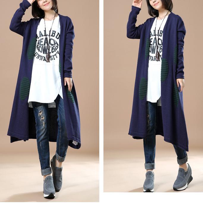 Dotted long navy knitted coats cardigans oversize - Omychic