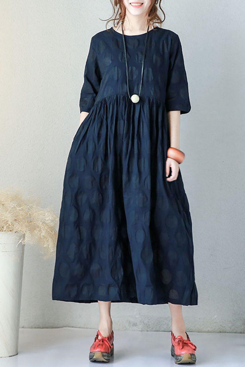 Blue Plus Size Casual Cotton Linen Dresses For Women - Omychic
