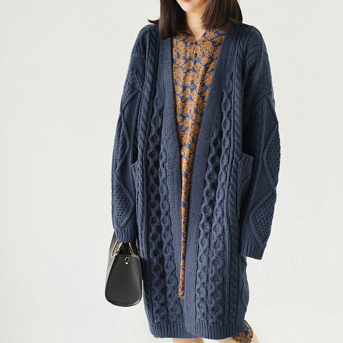 Dull blue cable knit cardigans plus size sweaters knitted coats - Omychic