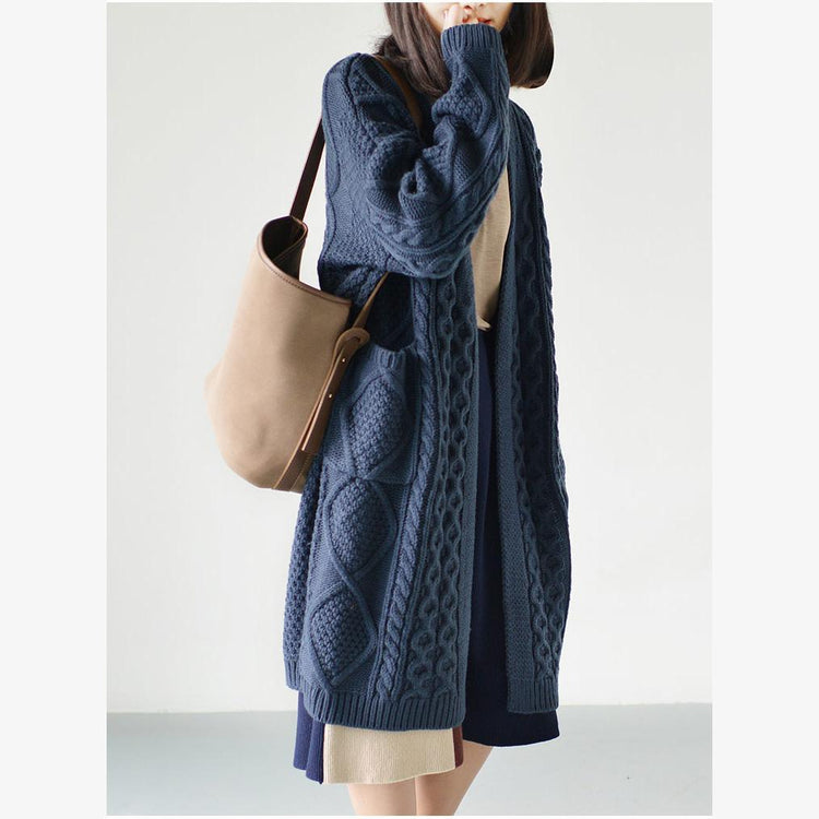 Dull blue cable knit cardigans plus size sweaters knitted coats - Omychic