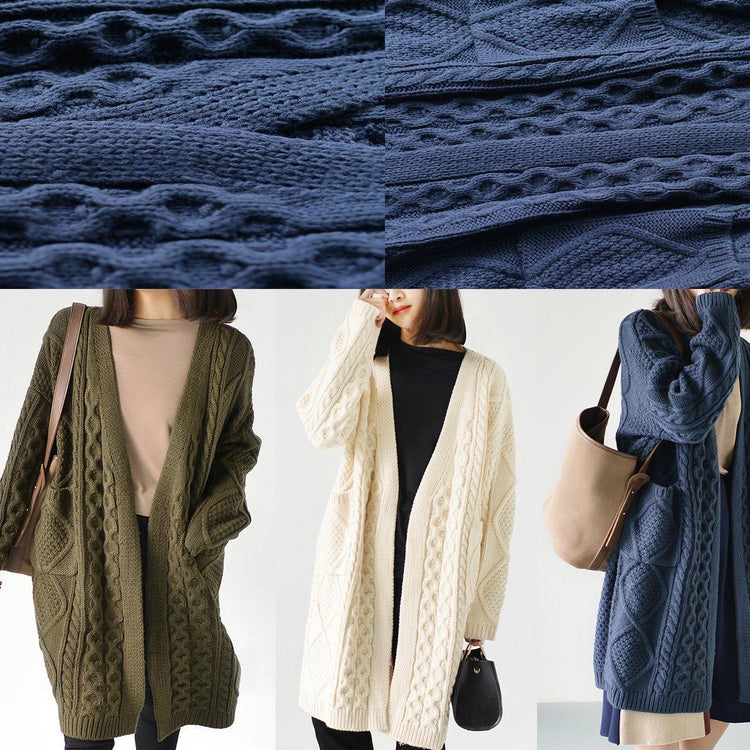 Dull blue cable knit cardigans plus size sweaters knitted coats - Omychic
