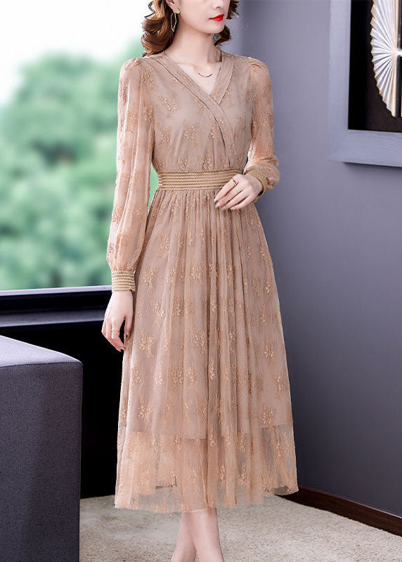 Elegant Apricot Elastic Waist Hollow Out Lace Dress Spring