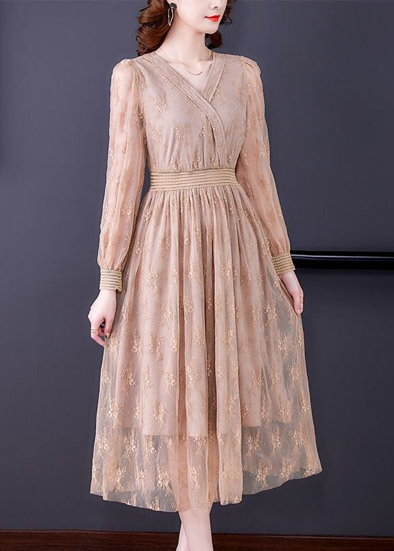 Elegant Apricot Elastic Waist Hollow Out Lace Dress Spring