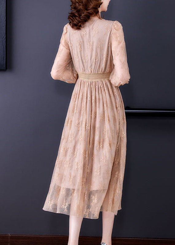 Elegant Apricot Elastic Waist Hollow Out Lace Dress Spring