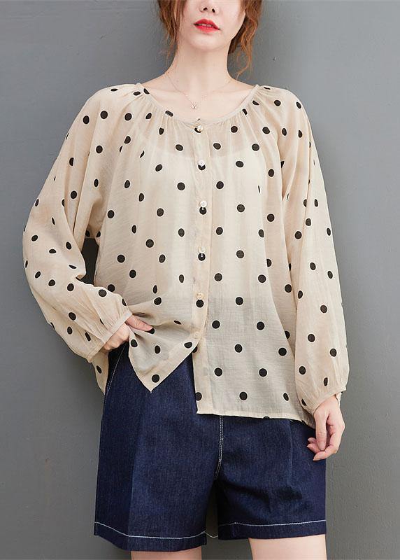 Elegant Apricot Loose Button Print Fall Dot Long sleeve Tops - Omychic