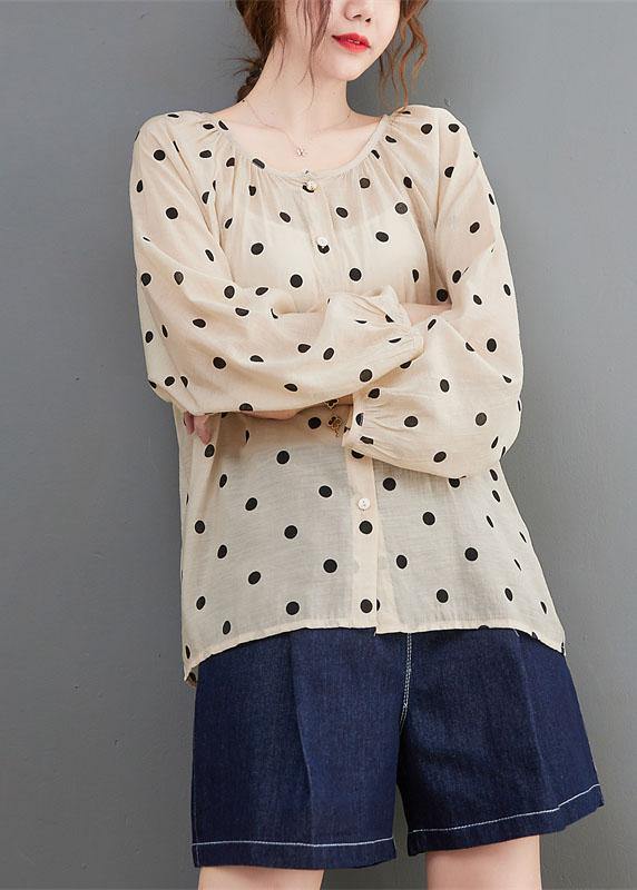 Elegant Apricot Loose Button Print Fall Dot Long sleeve Tops - Omychic