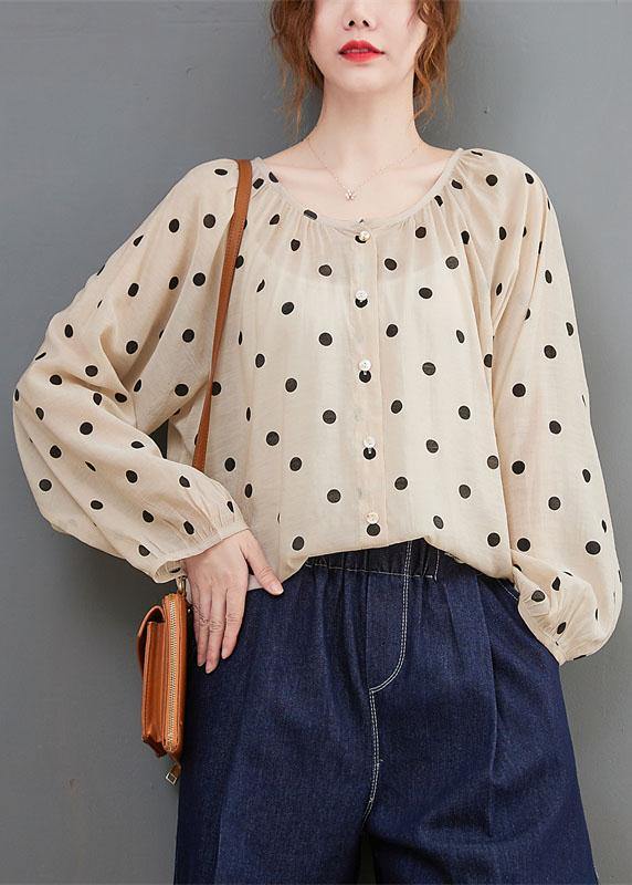 Elegant Apricot Loose Button Print Fall Dot Long sleeve Tops - Omychic