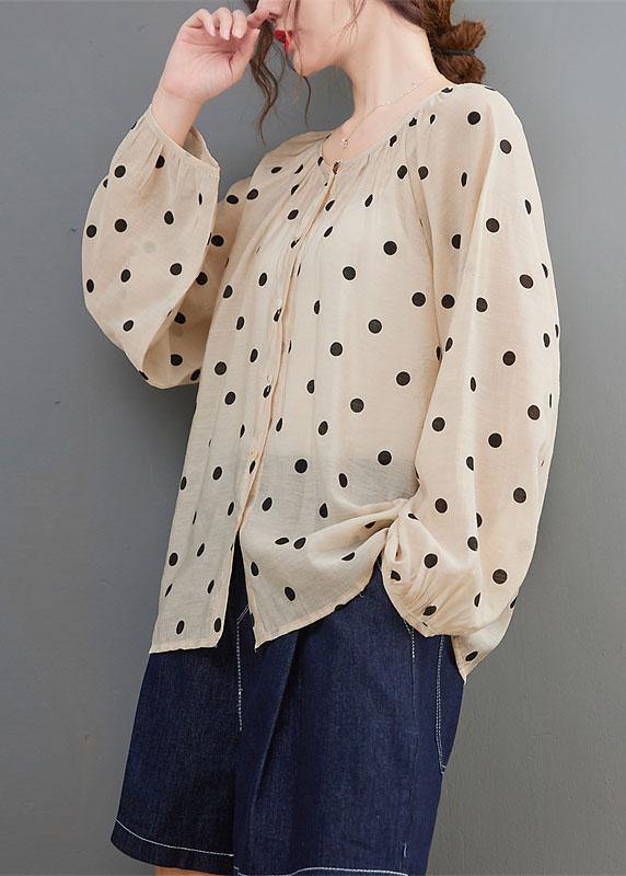 Elegant Apricot Loose Button Print Fall Dot Long sleeve Tops - Omychic