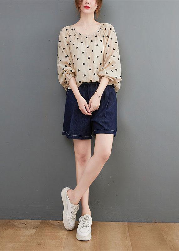 Elegant Apricot Loose Button Print Fall Dot Long sleeve Tops - Omychic