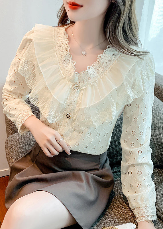 Elegant Apricot Ruffled Hollow Out Patchwork Lace Shirts Fall