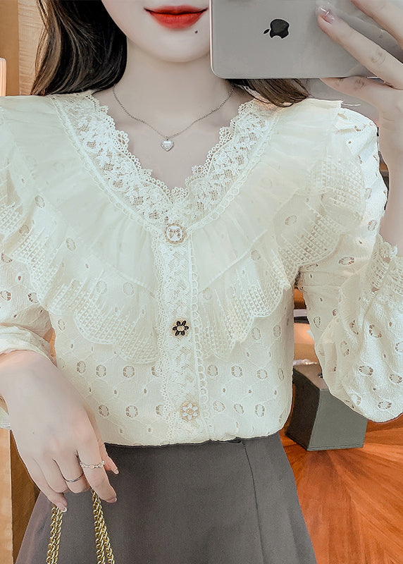 Elegant Apricot Ruffled Hollow Out Patchwork Lace Shirts Fall