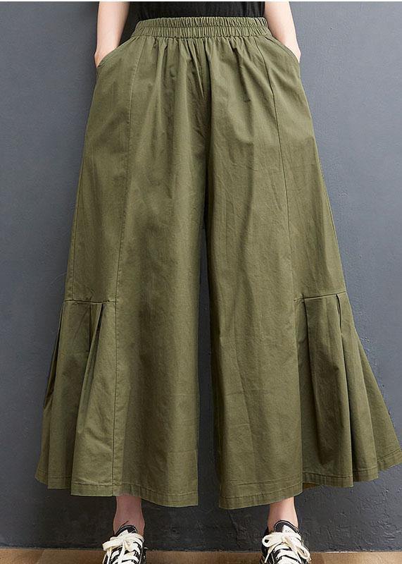 Elegant Army Green Elastic Waist Wide Leg Pants Trousers Summer Cotton - Omychic