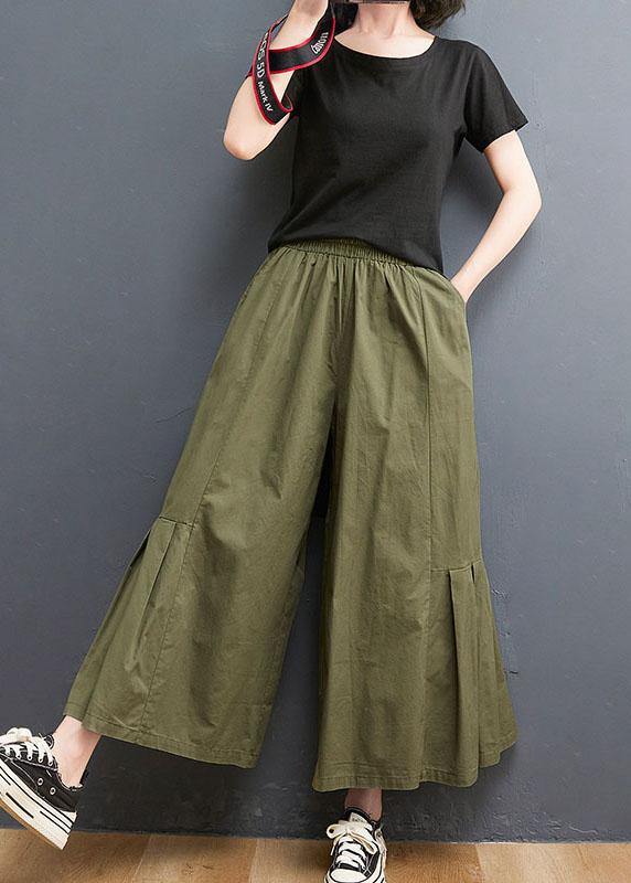 Elegant Army Green Elastic Waist Wide Leg Pants Trousers Summer Cotton - Omychic