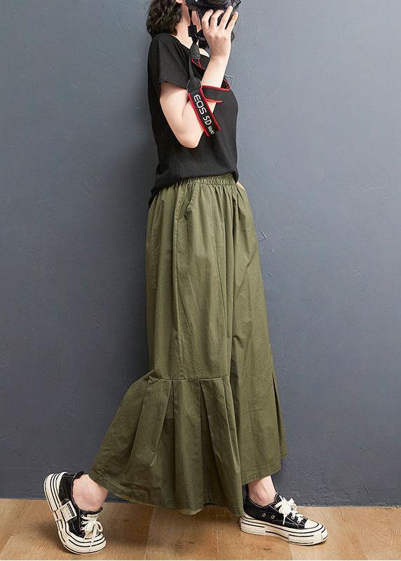 Elegant Army Green Elastic Waist Wide Leg Pants Trousers Summer Cotton - Omychic