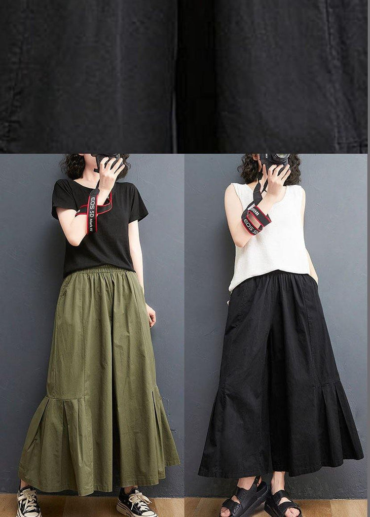 Elegant Army Green Elastic Waist Wide Leg Pants Trousers Summer Cotton - Omychic