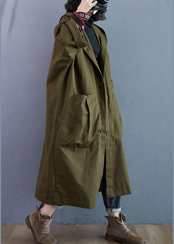 Elegant Army Green Pockets Button Fall Hooded Long sleeve Trench Coats - Omychic